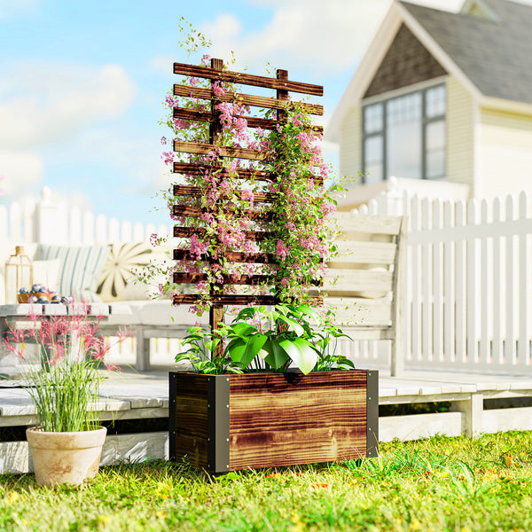 Wooden Raised Garden Bed, Planter Box w/ Trellis and Metal Corners, Portable on Wheels for Patio, Backyard, Deck, Brown