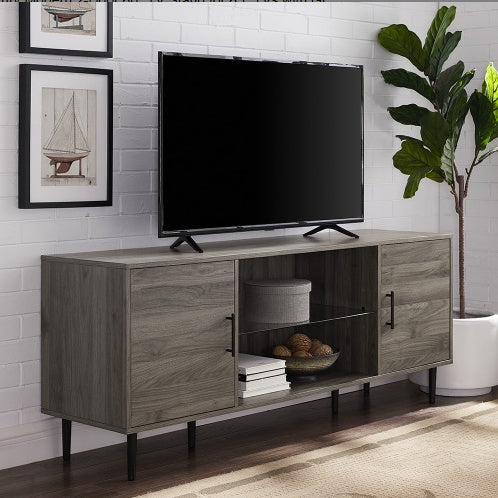 Mid-Century Modern 2-Door TV Stand For TVs With Glass Shelf - Slate Grey