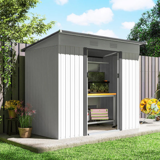 Metal Garden Shed, Backyard Tool Storage Shed With Dual Locking Doors, 2 Air Vents And Steel Frame, White