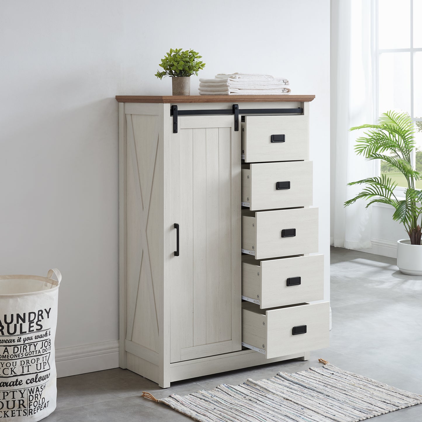 5 Drawers Dresser W Sliding Barn Door, Farmhouse Modern Tall Dresser 5 Chest Of Drawers, Storage Organizer Dresser For Bedroom, Hallway, Living Room, Kids Room WHITE