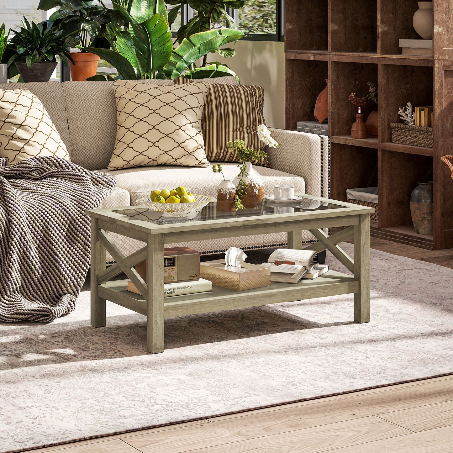 Coffee Table with Tempered Glass Tabletop, Living Room Table with Wood Frame and Underneath Storage Shelf, Gray