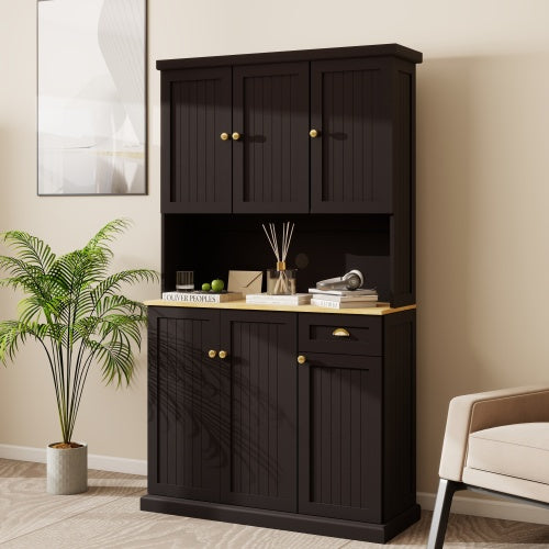 Kitchen Pantry Storage Cupboard With Microwave Countertop, Freestanding Cabinet With Adjustable Shelves, 6 Doors And 1 Drawer - Black
