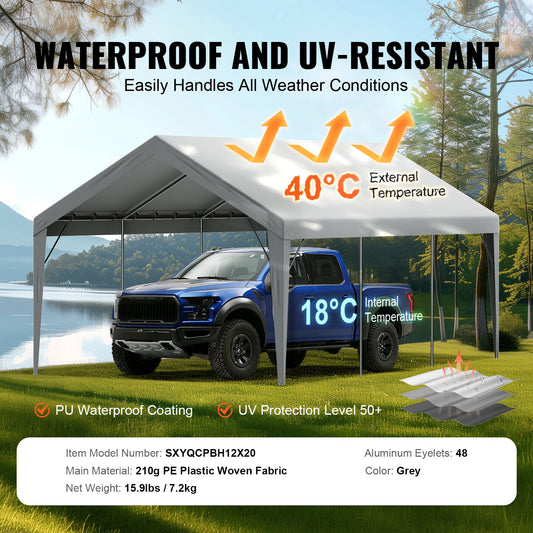 Carport Replacement Canopy Cover 12 X 20 Ft, Garage Top Tent Shelter Tarp Heavy-Duty Waterproof & UV Protected, Easy Installation With Ball Bungees,Grey Only Top Cover, Frame Not Include