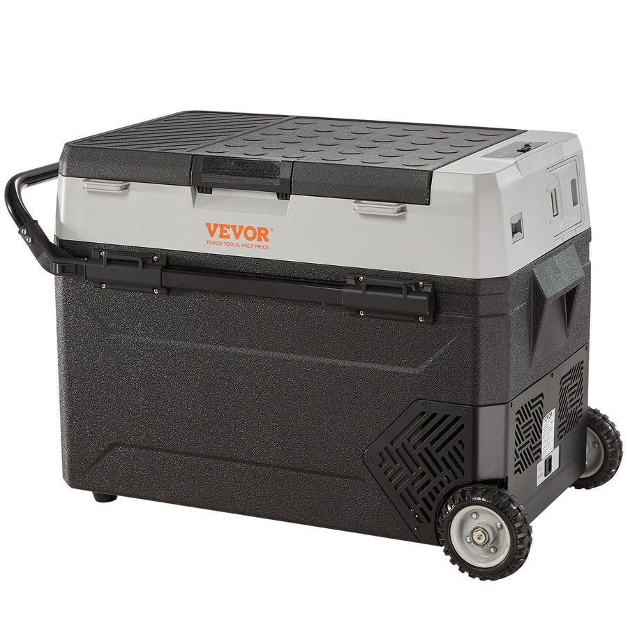 Camping Kühlschrank 53 L Kühlbox, 12 / 24 V Rollbare Elektrische Gefrierbox 2 In 1 Doppelzone, Auto Kühlschrank Kompressor Zum Warmhalten Und Kühlen 60 W Tragbar Handgriff Boot, Lkw, Mobil Grau