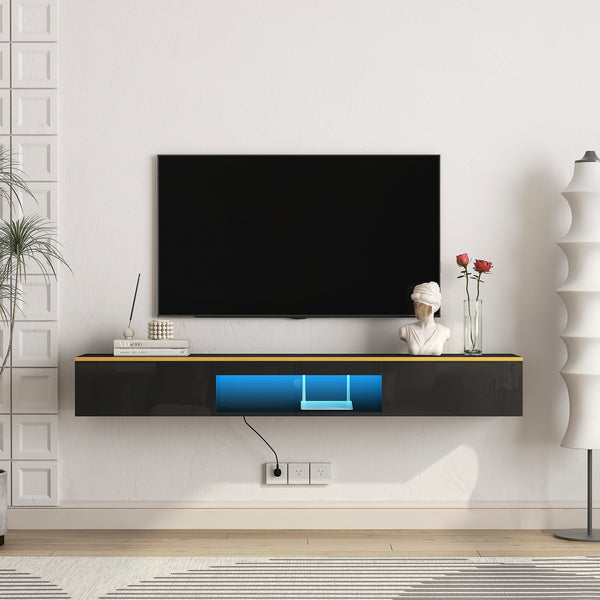 Floating TV Stand Wall Mounted With 16 Color LEDs,Modern TV Stand, Floating TV Cabinet Entertainment Center For 55 60 65 Inch TV,Black