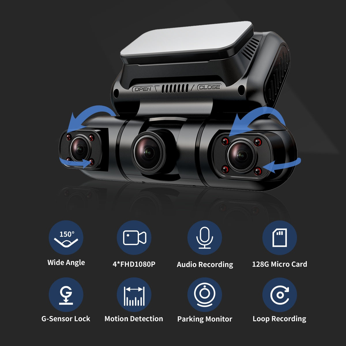 Hainatech 360 Degree View 4 Channel Dash Cam Front And Rear Inside Left Right, Dash Camera For Cars, Built-in GPS WiFi Night Vision, 24  7 Recording Parking Mode Monitor, Free 128G Card
