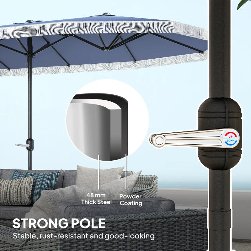 15ft Rectangle Patio Umbrella UPF30 Extra Large Outdoor Umbrella With Fringe And Crank Handle, Dark Blue