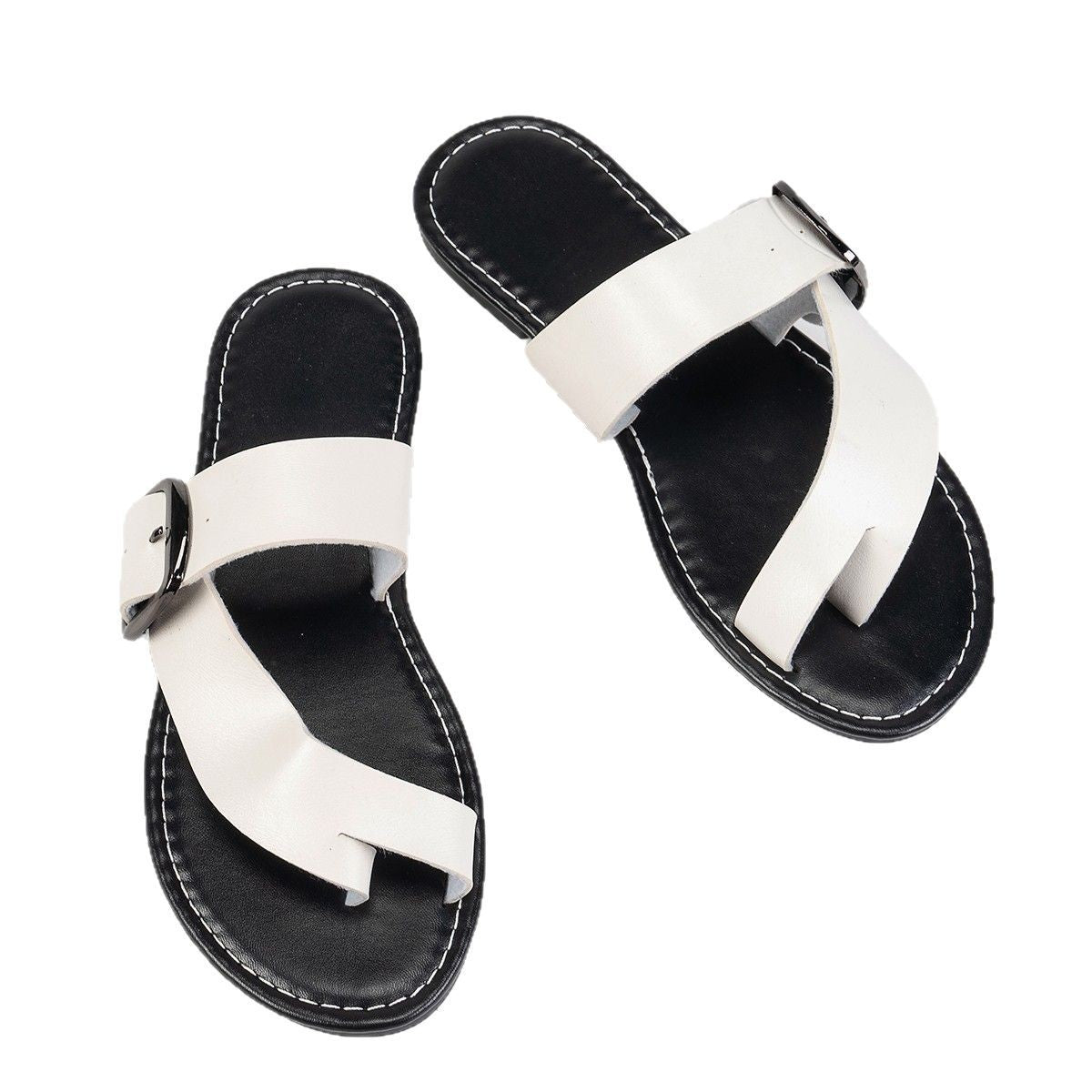 Summer Buckle Toe Clip Sandals Fashion Flat Beach Shoes Casual Comfortable Slides Slippers