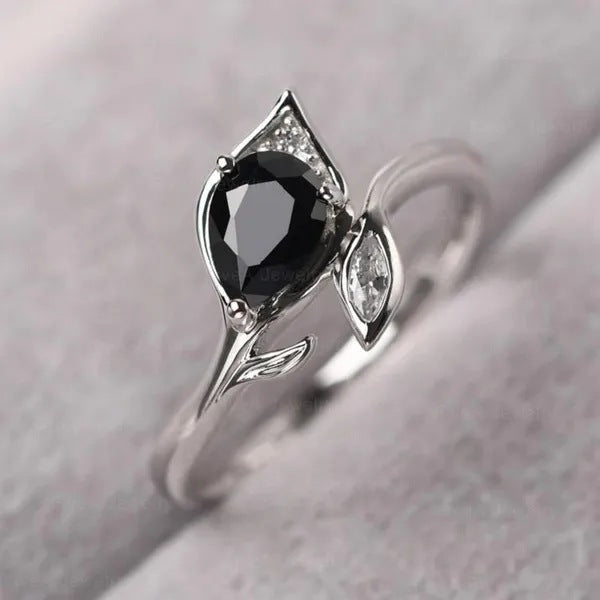 Simple Green Black Zircon With Diamond Leaves Personalized Engagement Ring