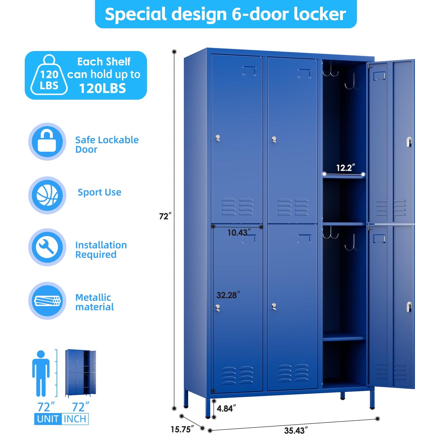 6 Doors Metal Locker For Employees With 18 Hooks And Business Card Holder,Metal Locker With Ventilation Holes For School Garage Office Gym Home,Assembly Required,Blue