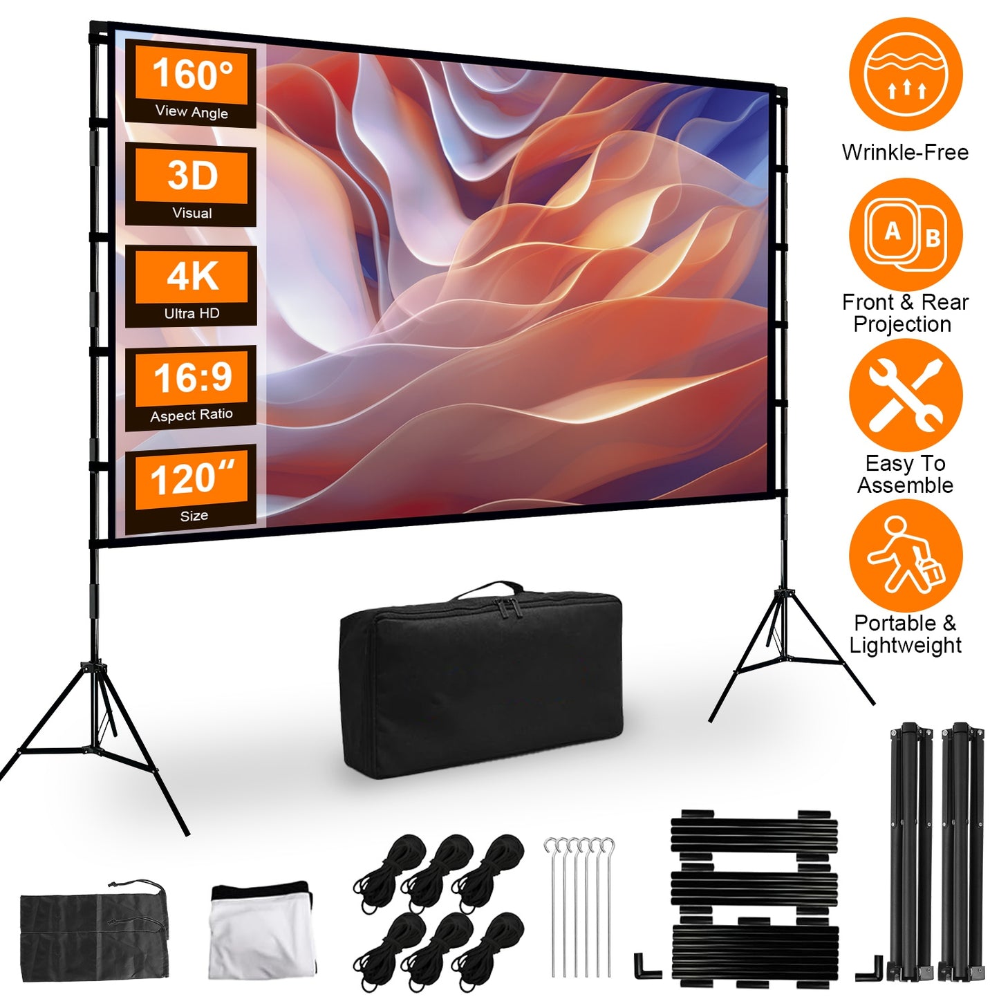 1Pc 120inch Or 100inch Projector Screen With Stand 16 9 4K HD Rear Front Wrinkle Free Portable And Foldable Movie Screen With Carry Bag For Indoor Outdoor Home Theater Backyard Cinema