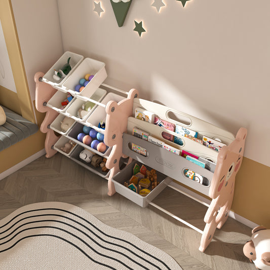 Kids Toy Storage Organizer, Toy Organizer With 2 Tier Bookshelf, Toy Storage With Shelf And 12 Toy Bins, Kids Bookshelf And Toy Storage For Playroom, Bedroom, Kids Room, Classroom Pink Color