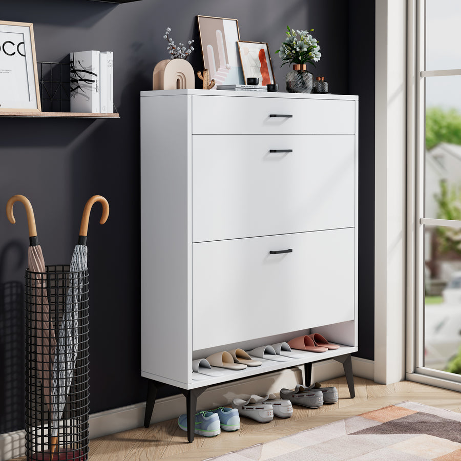 Shoe Cabinet , Shoe Storage Shelves, Metal Leg, White