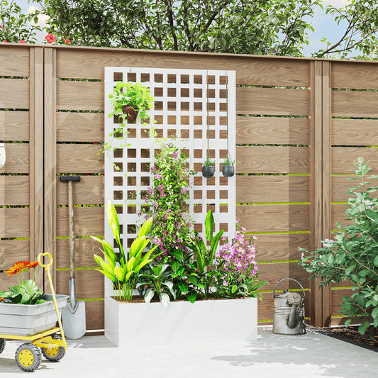 Galvanized Raised Garden Bed Planter Box with Trellis for Climbing Plants, Vegetable, Vines, 35" x 16" x 70", White