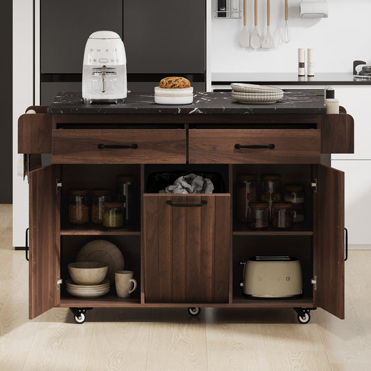 K&K Kitchen Island With Trash Can Storage Cabinet, Kitchen Cart With Drop Leaf, Spice Rack, Towel Ra