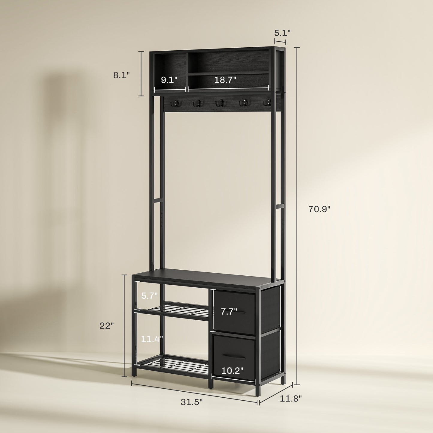 Hall Tree with Bench and Shoe Storage, 5-in-1 Entryway Bench with Coat Rack, 3 Storage Shelves, 2 Fabric Drawers, Black