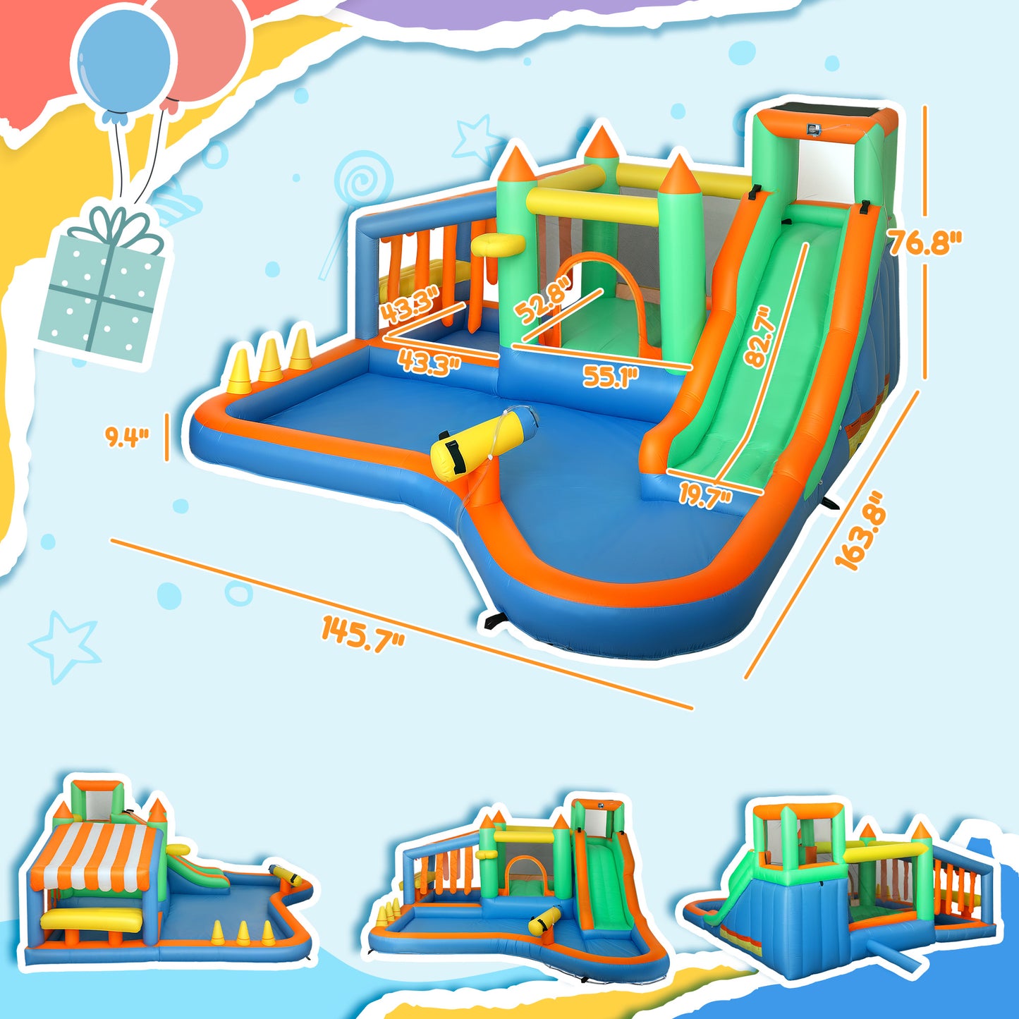 8 In 1 Inflatable Bounce House Water Slide With 680W High Power Blower, For 3-8 Years