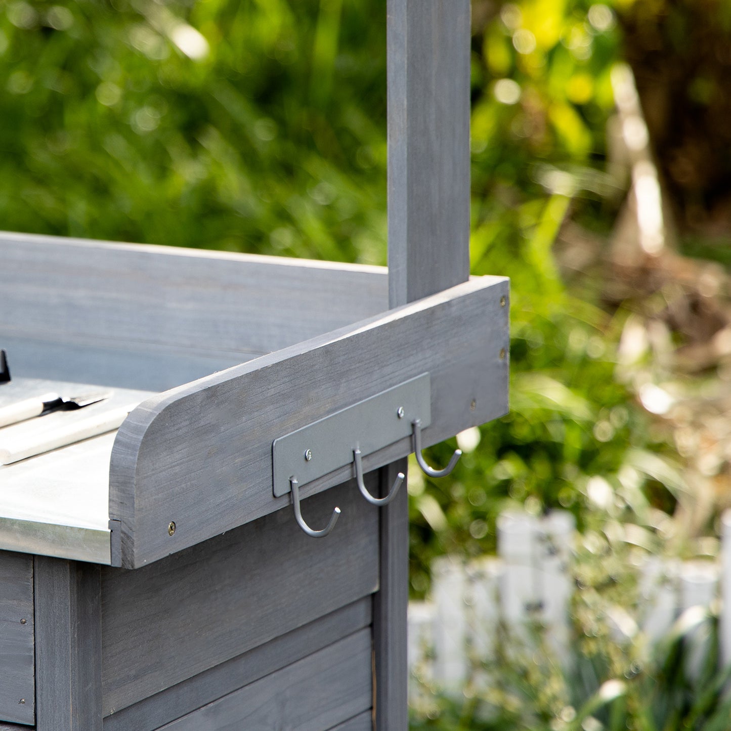 Outdoor Potting Bench Table, Garden Work Station with Storage Cabinet, Open Shelf and Steel Tabletop, Gray