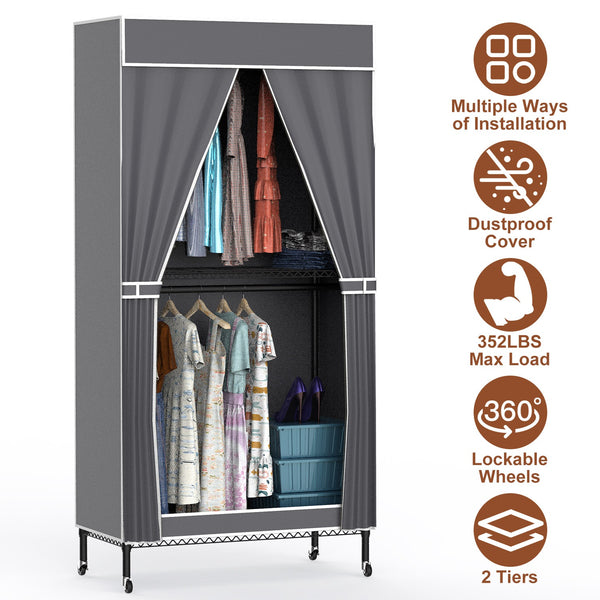 1Pc 2 Tier Foldable Clothing Rack With Cover Portable Wardrobe Closet Covered Garment Rack With 4 Wheels 2 Hanging Rods 2 Hook Racks 35.43x17.13x72.44in