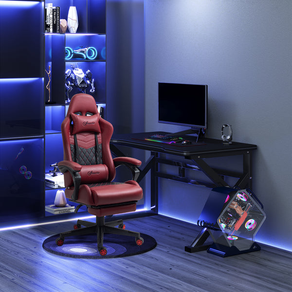 Racing Gaming Chair Diamond PU Leather Office Gamer Chair High Back Swivel Recliner with Footrest, Lumbar Support, Adjustable Height, Red