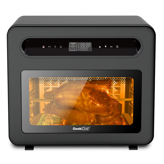 Geek Chef Dampf-Heißluftfritteuse-Toastofen-Kombination, 26 QT Dampfkonvektionsofen für die Arbeitsplatte, 50 Kochvoreinstellungen, mit 6 Toastscheiben, 12 Pizzascheiben, schwarzer Edelstahl. Nicht auf Amazon listen