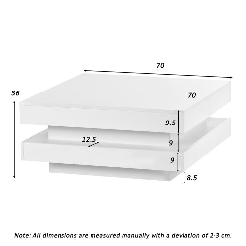 White Square High Gloss Coffee Table With 360 Rotating Top, Tea Table With 16-Color LED Light, 70x70x36 Cm