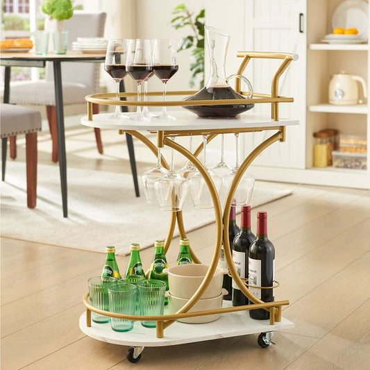 2-Tier Bar Cart,Gold Wine Cart With Wine Rack  Glass Holder,Mobile Bar Serving Cart,for Party,Home,Rolling Drink Trolley For Living Room