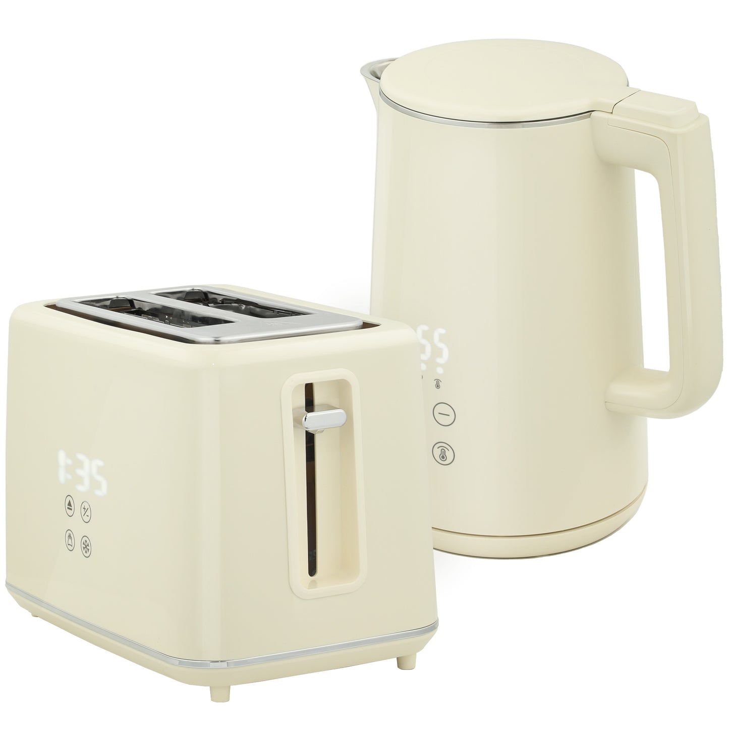 Digital Stainless Steel Kettle And Toaster Set, 1.5L 3000W Fast Boil Kettle, 2 Slice Toaster With 7 Level Browning Controls, Defrost, Reheat, Keep Warm, Crumb Tray And LED Touch Display, Beige