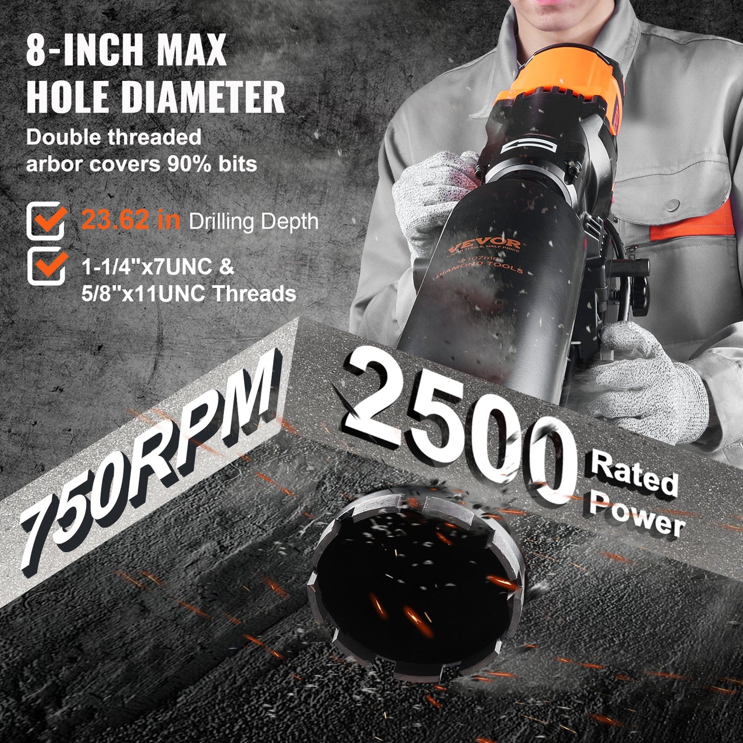 Diamond Core Drilling Machine, 8in Wet&Dry Concrete Core Drill Rig With Stand, 750RPM Speed