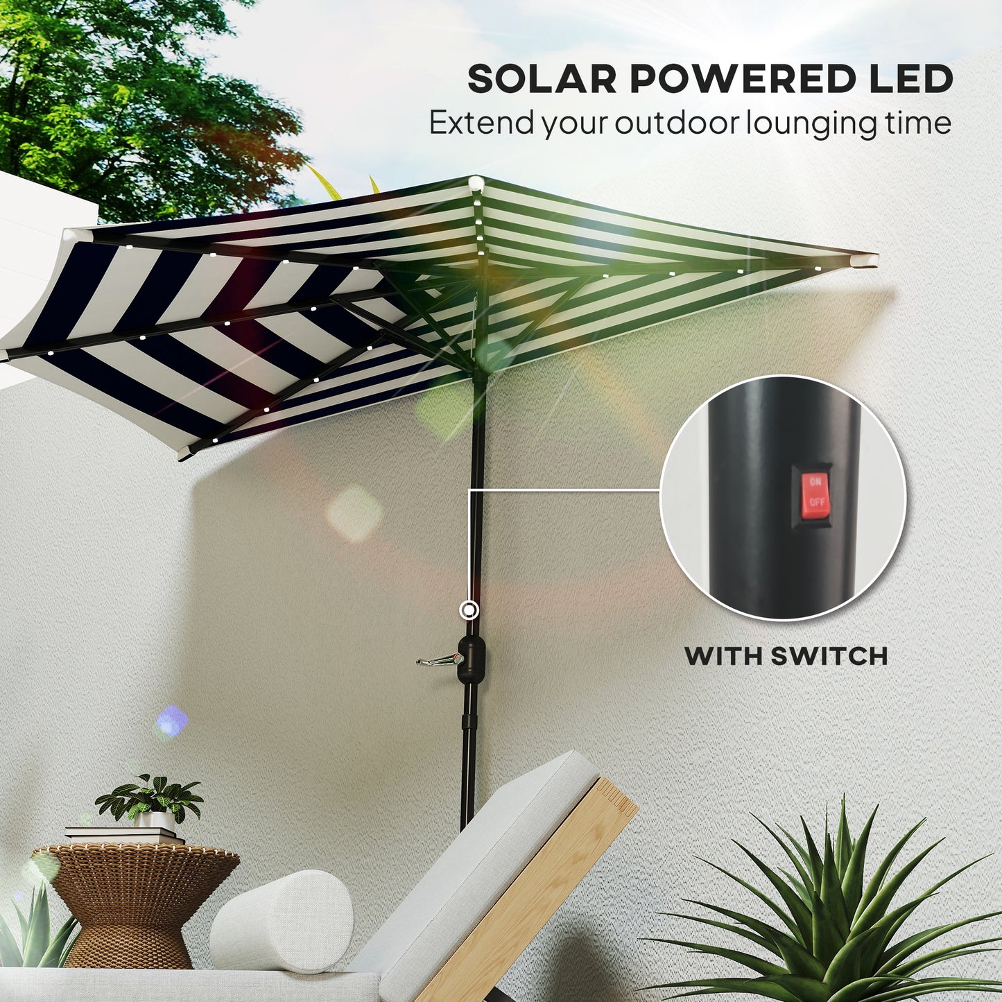 Half Umbrella Outdoor Patio Umbrella, UPF 30+ Small Balcony Umbrella, Vented Half Patio Umbrella with Crank 8 Ribs, Porch Umbrella for Garden Deck Poolside, Navy Blue