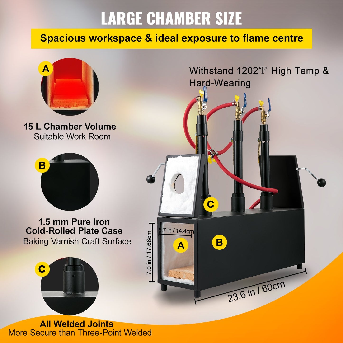 Gas Schmiedeofen 1350 °C, Brenner Schmiede 15 L, Schmiedeofen Drei Brenner Zweitürig Auskleidung Mit Aluminiumsilikatfaser, Metallschmiede Max. Leistung 230,4 KWh / 786.000 BTU, Gasdruckregler