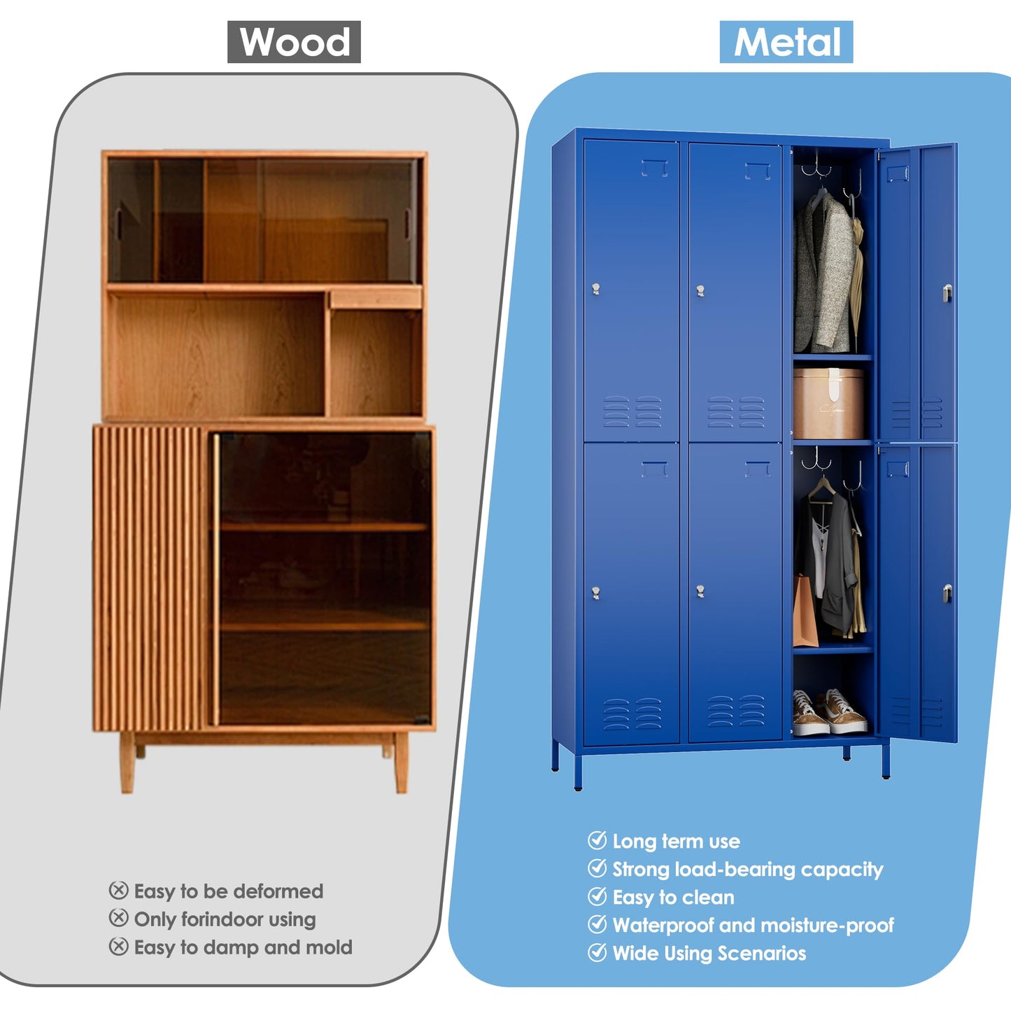 6 Doors Metal Locker For Employees With 18 Hooks And Business Card Holder,Metal Locker With Ventilation Holes For School Garage Office Gym Home,Assembly Required,Blue