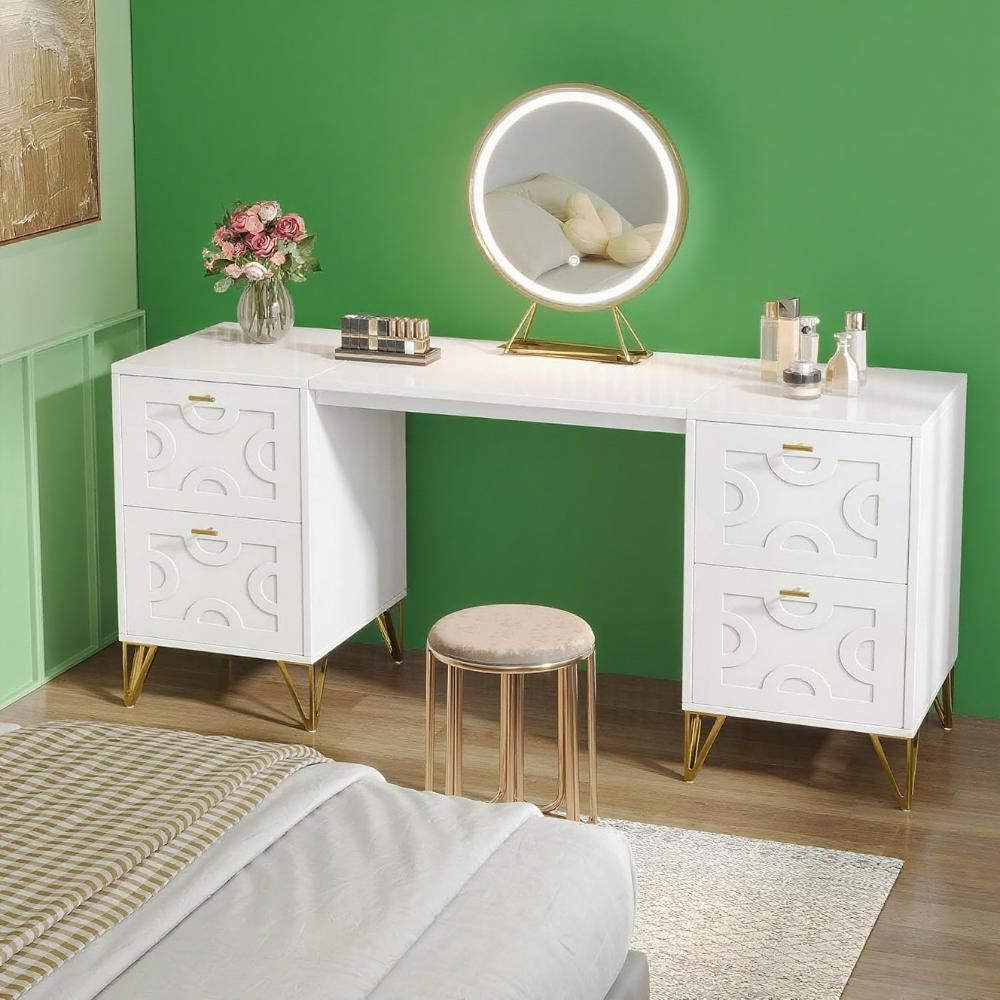 Without Mirror 59-Inch Makeup Vanity Desk With 4 Drawers, White Dressing Table With Storage, Modern Beauty Table Simple Home Office Computer Desk With Gold Legs