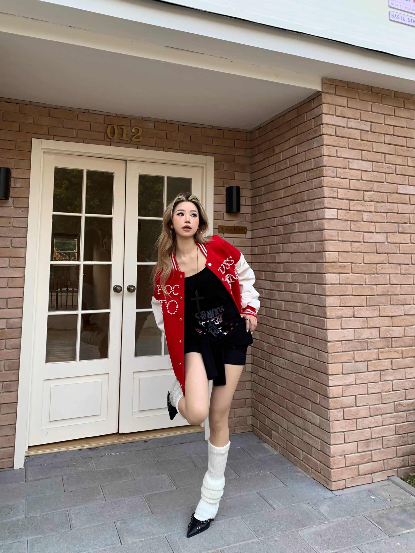 Retro Baseball Jacket Women's Beaded Jacket Loose Top