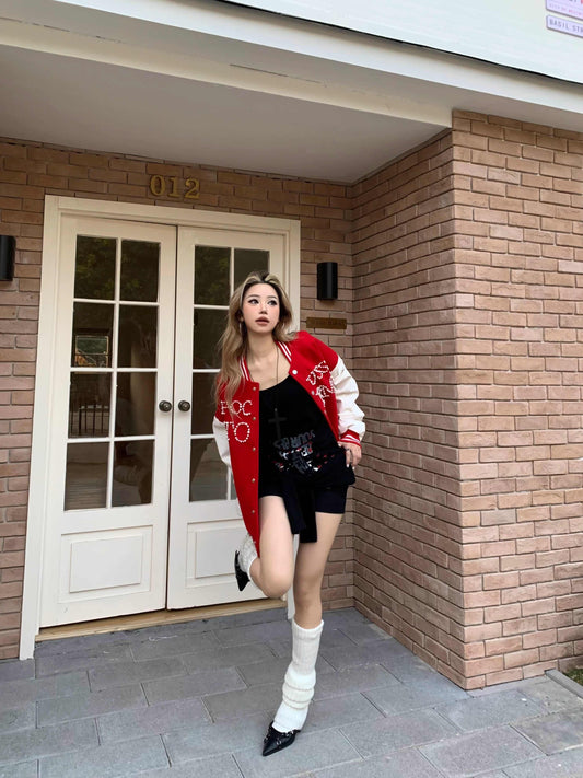 Retro Baseball Jacket Women's Beaded Jacket Loose Top