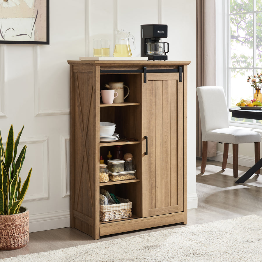 5 Drawers Dresser W Sliding Barn Door, Farmhouse Modern Tall Dresser 5 Chest Of Drawers, Storage Organizer Dresser For Bedroom, Hallway, Living Room, Kids Room OAK