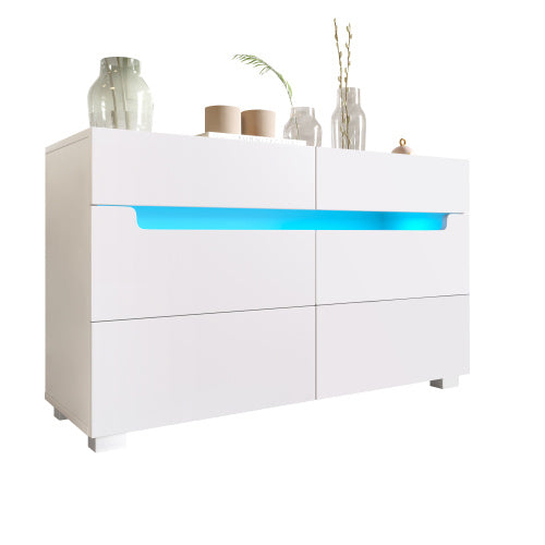 Sideboard Cabinet Dresser With 6 Drawers,Storage With RGB LED App Control, Sideboard With Cut-out Handles, 6-drawers Chest Of Drawers, 71 X 120 X 40 Cm, White