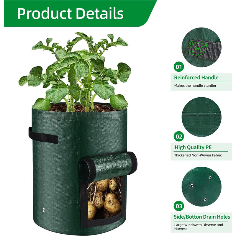 10 Gallon -6 Pack Potato Grow Bags, Heavy Duty PE Fabric Pots With Flap And Handles, Green Planter Bags For Potato Vegetables Outdoor Garden, For All Plants Growing