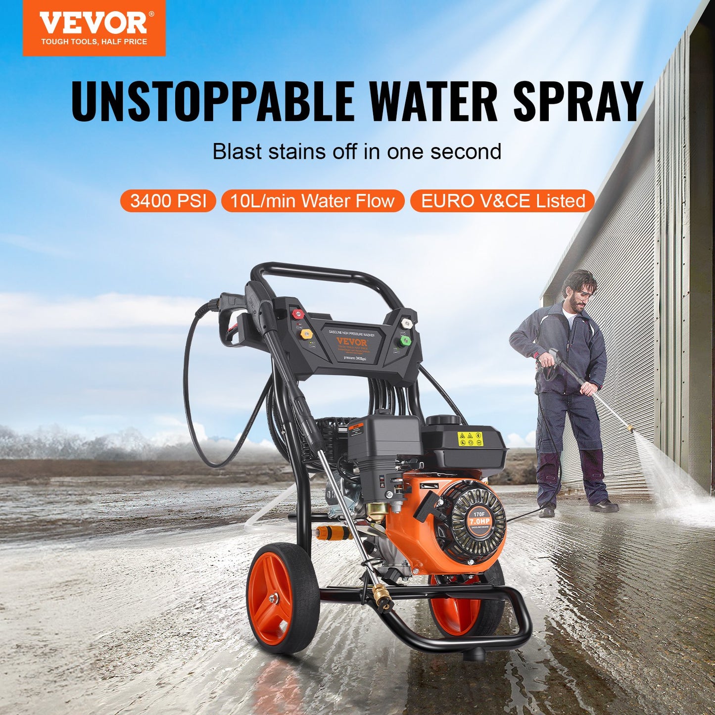 Benzin-Hochdruckreiniger, 3400 PSI 2,6 GPM, Terrassenreinger 10 L/min Mit Aluminiumpumpe, Hochdruckpistole & Verlängerungsstab, 5-Düsen-Set, Für Autos, Zäune, Häuser, Terrassen, Vertikal