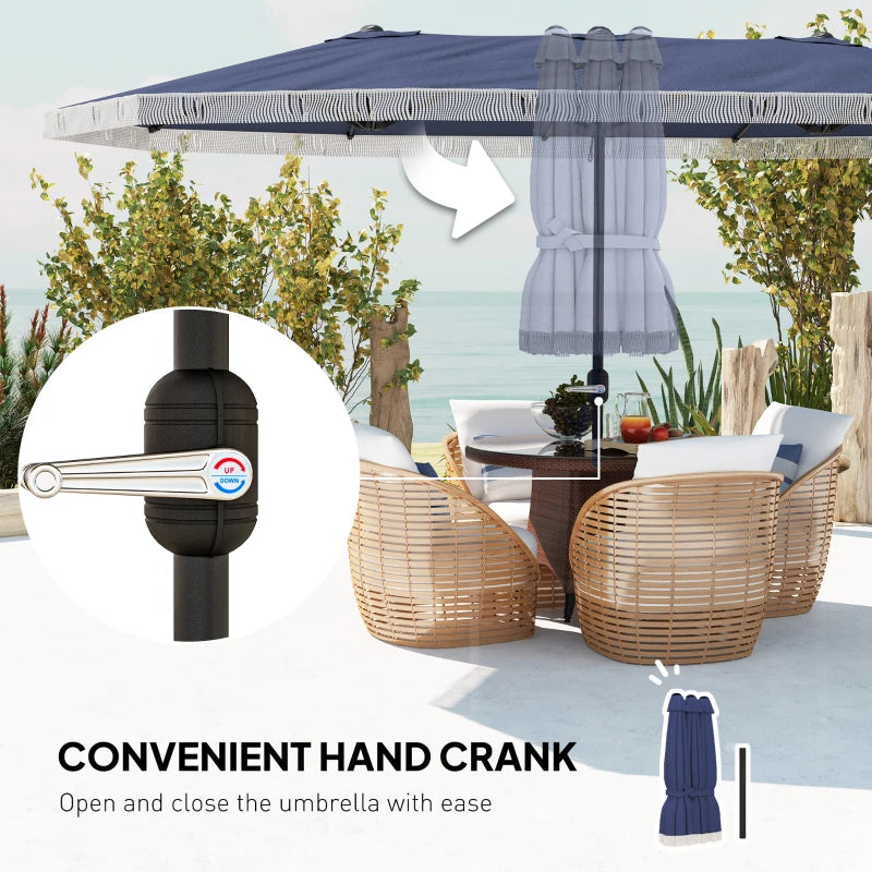 15ft Rectangle Patio Umbrella UPF30 Extra Large Outdoor Umbrella With Fringe And Crank Handle, Dark Blue