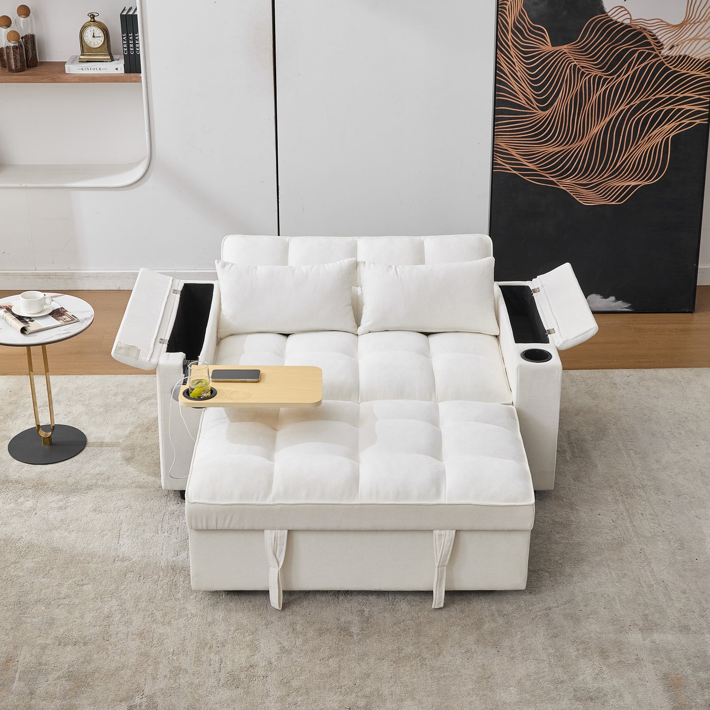 2 Seater Click Clack Sofa Bed,  Pull Out Sofa Bed,  Futon Sofa Recliner, With Cup Holders And Hidden Table, USB & Type-C, 3-Gear Back Angle Adjustable, For Apartment, Living Room, Bedroom, Beige