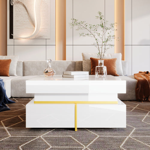 Coffee Table, High-Gloss Living Room Table, Side Table With Drawers And Gold Accents