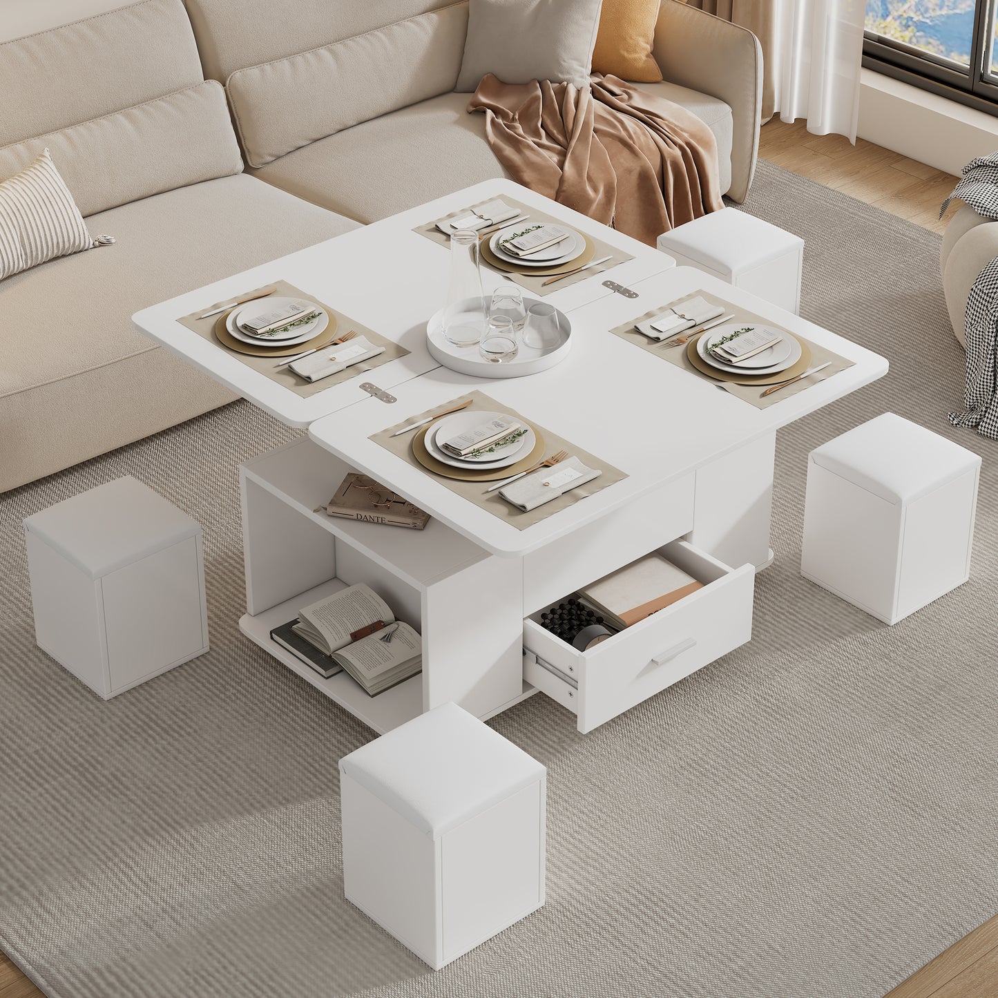 Lift Top Coffee Table With Wheels,  Convertible Dining & Work Table With 4 Stools, Hidden Storage, Extendable Side Table, Space-saving End Table,Tea Table, White, 100x50x45cm Folded