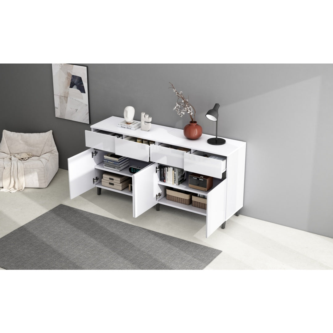 Storage Cabinet, Sideboard Buffet With 4 Drawers 4 Doors , Highboard Cabinet With Adjustable Shelves, Chest Of Drawers, Standing Cabinet, Cupboard Buffet For Living Room, Kitchen, 160X40X68cm, White