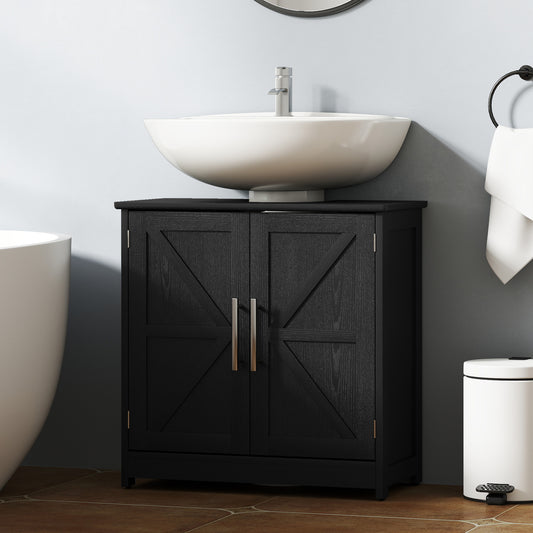 Farmhouse Pedestal Sink Storage Cabinet, Bathroom Sink Cabinet with 2 Barn Doors and Adjustable Shelf, Distressed Black