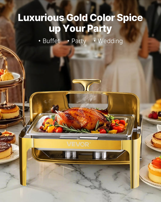 Chafing Dish Set Speisenwärmer Edelstahl Mit Pfannen In Voller Größe (8,5 L), Rechteckiger Wärmespender Mit Sichtbarem Deckel & Wasserpfannenständer & Brennstoffhalter, Für Partys Gold