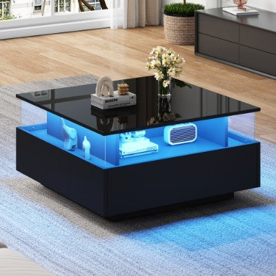 Coffee Table With Storage For Living Room, Modern LED Coffee Table, Square Tea Table With 2 Sliding Drawers Wood Center Table Acrylic Glass Coffee Table