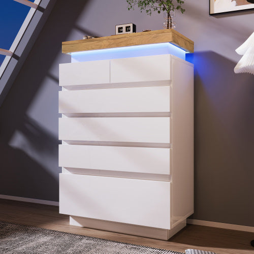 Chest Of Drawers,High-gloss Sideboard Cabinet With 6 Drawers,Storage With RGB LED App-controlled,Multi-purpose Cabinet For Living Room And Bedroom, 115 X 73 X 39 Cm, White