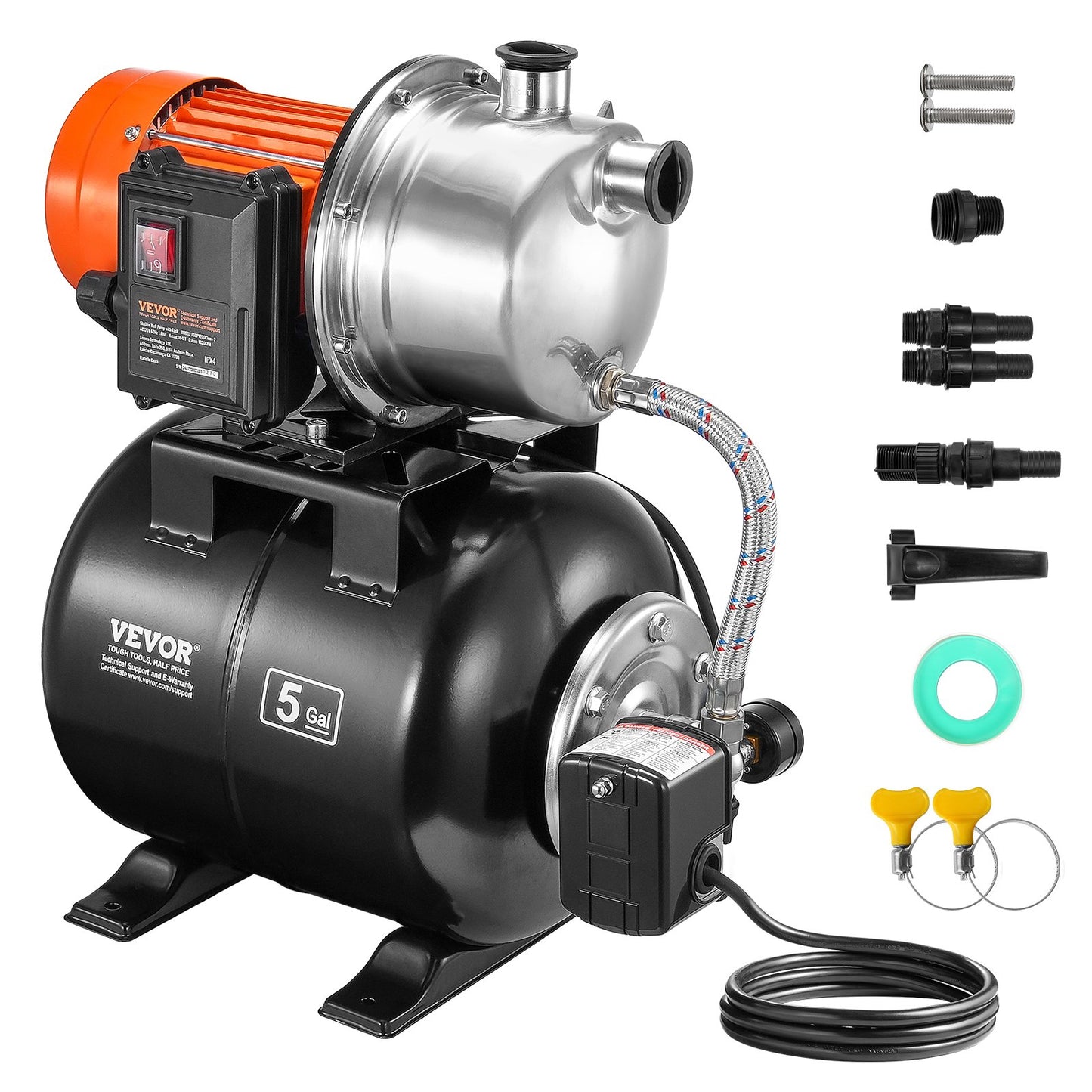 1176 W Gartenpumpe, 5600 L/H, Automatische Bewässerungspumpe Mit 50 M Förderhöhe, Kreiselpumpe Mit 30/50 PSI Druckschalter, Flachbrunnenpumpe, Edelstahl-Pumpenkopf Für Hausgarten & Rasen