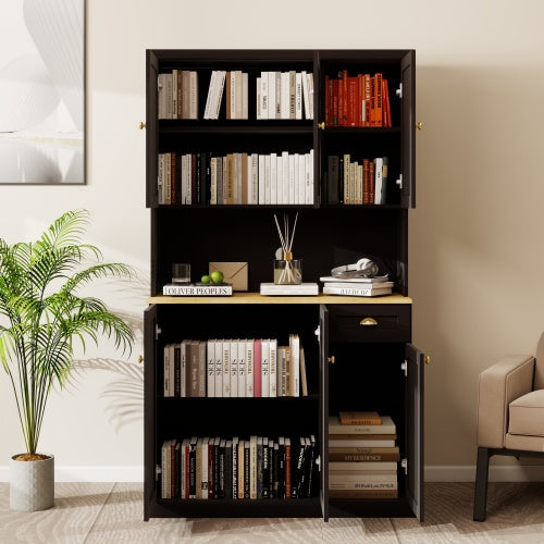 Kitchen Pantry Storage Cupboard With Microwave Countertop, Freestanding Cabinet With Adjustable Shelves, 6 Doors And 1 Drawer - Black